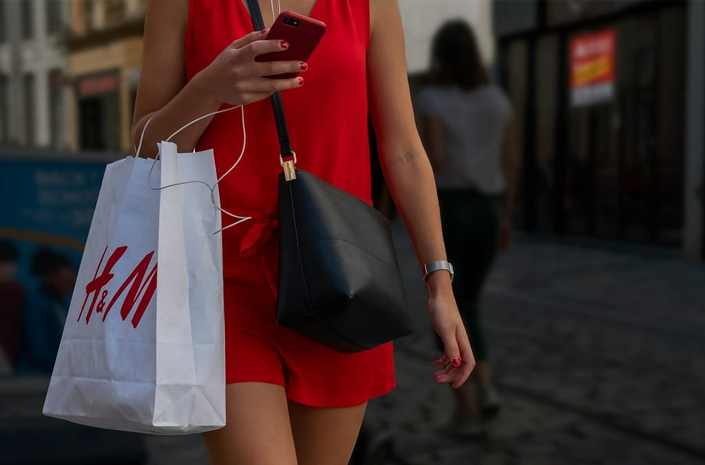 Woman holding H&M shopping bag, a company known for use of fast fashion polices