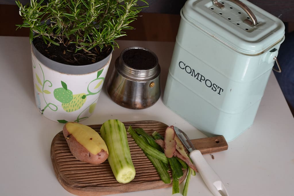 kitchen counter compost bin with vegetable scraps