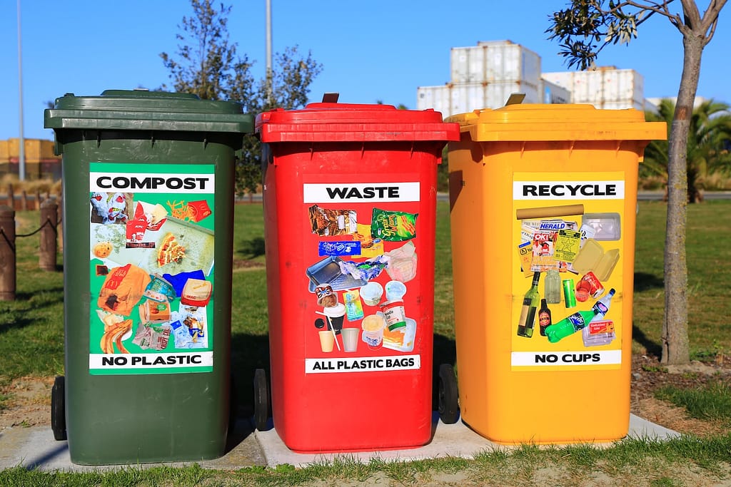 red yellow and green bins to sort recycling