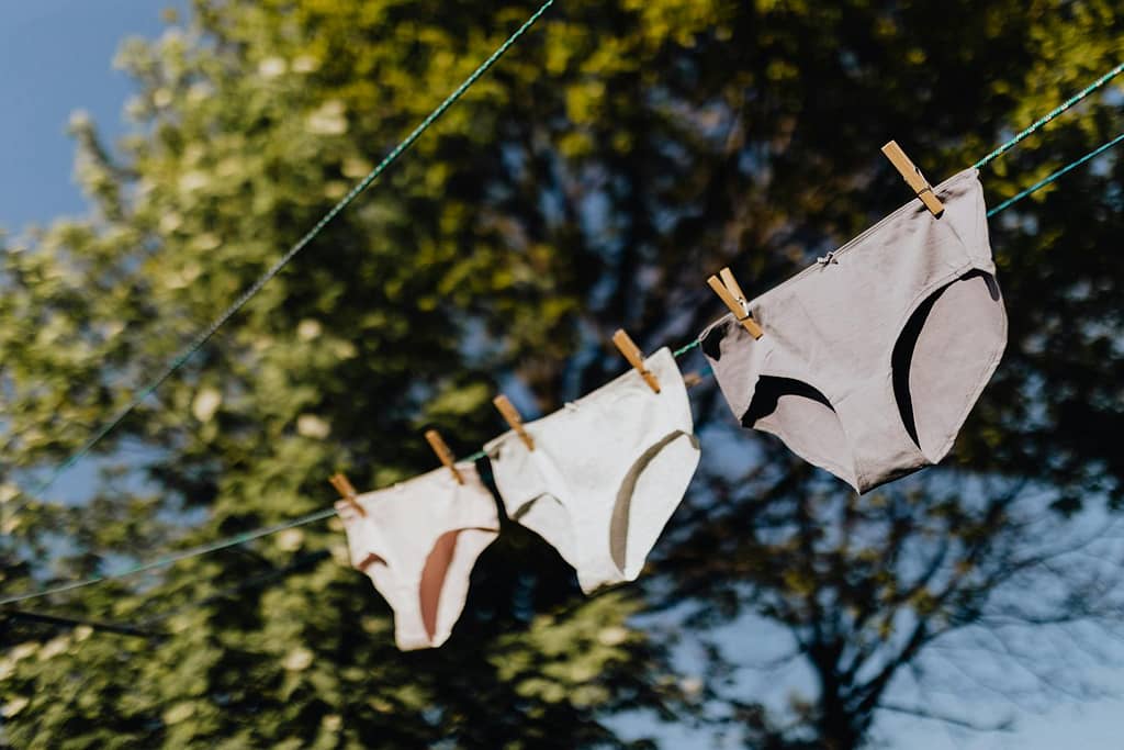 underwear hanging on outdoor clothes line after sustainably shopping online