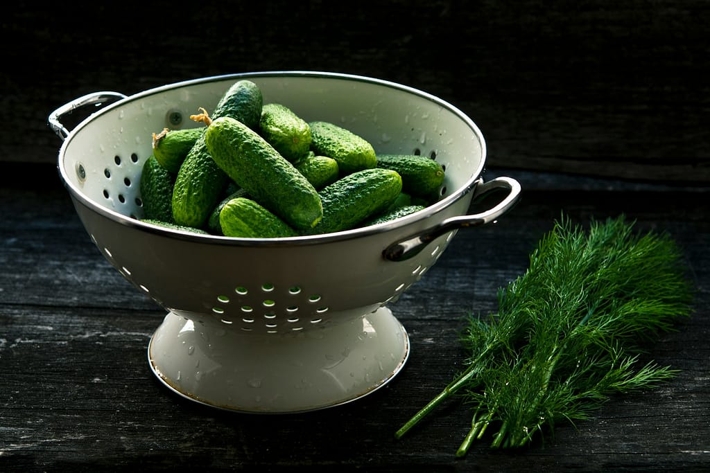 bowl strainer and cucumbers after being washed in water