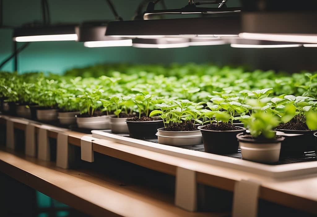 Seedlings lined up on trays under a grow light. 
