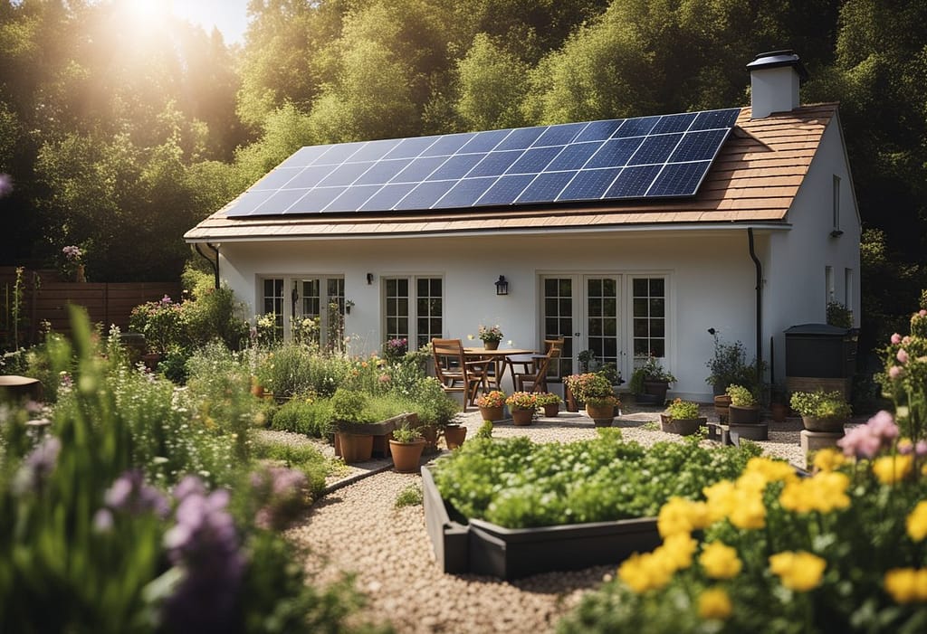 a white cottage with solar panels on the roof surrounded by a lush spring garden