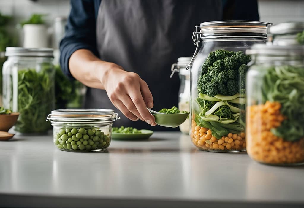 person meal planning with food in jars on counter