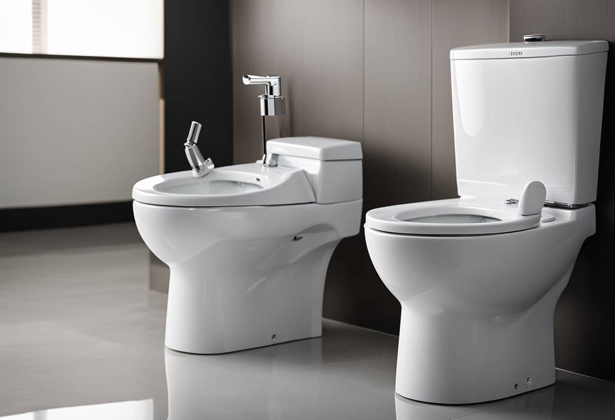 A bidet is shown next to a toilet, connected to the water supply. The bidet's nozzle is extended, demonstrating its use of water for cleaning. The scene also includes a visual representation of the bidet's environmental impact