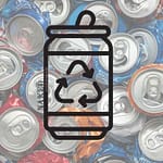 Aluminum Cans in background of recycling symbol.