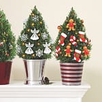 3 small potted eco-friendly christmas trees on a tray