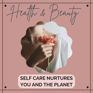 Check out the Category Health and Beauty where your self care nurtures you and the planet. Image of a person holding an orange flower in a white shirt. 