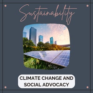 Check out the Category Sustainability to learn more about climate change and social advocacy. Image of solar panels surrounded by trees and city buildings. 