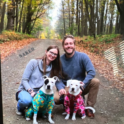 Introduction to the family photo with Ginny, the Boyfriend, and their two rescued pitbull-mixed dogs